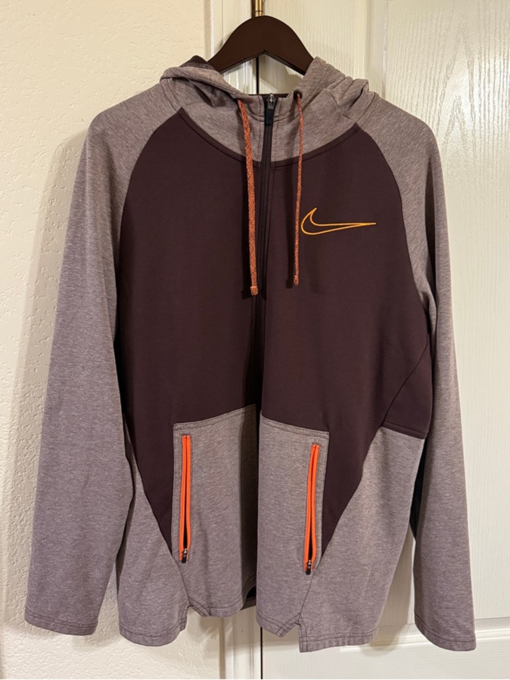 Nike Brown Hooded Zip Jacket with Orange Accents Men’s Size Large